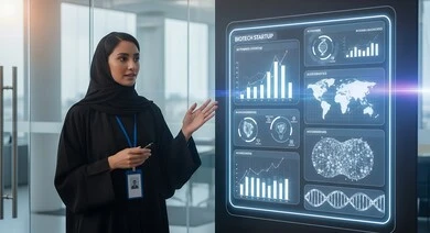 تحقيق الثورة الصناعية، الابتكار وعلوم تكنولوجيا الذكاء الاصطناعي, رؤية مستقبلية سعودية 2030, إمرأة عربية خليجية سعودية ترتدي الحجاب والعباءة تقوم بالعمل على شاشة هولوجرامية، عرض بيانات تكنولوجية على شاشة رقمية تفاعلية في اجتماع عمل