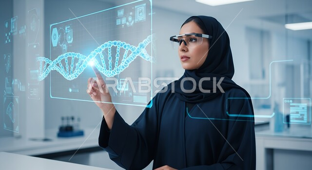 الاندماج ومحاكاة العالم الخيالي, امرأه عربيه سعوديه خليجيه محجبة ترتدي نظارة الواقع المعزز وتتفاعل مع العناصر الهولوجرامية والسلاسل الوراثية عبر شاشة ثلاثية الأبعاد, التحليل والبحث الطبي, تطور وتقدم القطاع الصحي بالتكنولوجيا الجديدة، معامل ومختبرات طبيه حديثه