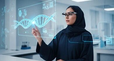 الاندماج ومحاكاة العالم الخيالي, امرأه عربيه سعوديه خليجيه محجبة ترتدي نظارة الواقع المعزز وتتفاعل مع العناصر الهولوجرامية والسلاسل الوراثية عبر شاشة ثلاثية الأبعاد, التحليل والبحث الطبي, تطور وتقدم القطاع الصحي بالتكنولوجيا الجديدة، معامل ومختبرات طبيه حديثه