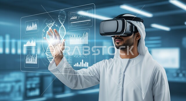 الاندماج ومحاكاة العالم الخيالي, رجل عربي خليجي اماراتي يرتدي نظارة الواقع المعزز ويتفاعل مع العناصر الهولوجرامية والسلاسل الوراثية, التحليل والبحث الطبي, تطور وتقدم القطاع الصحي بالتكنولوجيا الجديدة، معامل ومختبرات طبيه حديثه، واجهة بيانات الحمض النووي