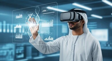 Fusion and simulation of the imaginary world, an Arab Gulf Emirati man wearing augmented reality glasses and interacting with holographic elements and genetic sequences, medical analysis and research, development and progress of the health sector with new technology, modern medical laboratories, DNA data interface