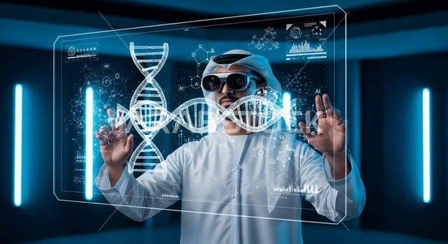 الاندماج ومحاكاة العالم الخيالي, رجل عربي خليجي اماراتي يرتدي نظارة الواقع المعزز ويتفاعل مع العناصر الهولوجرامية والسلاسل الوراثية, التحليل والبحث الطبي, تطور وتقدم القطاع الصحي بالتكنولوجيا الجديدة، معامل ومختبرات طبيه حديثه، واجهة بيانات الحمض النووي