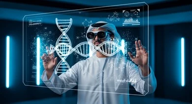الاندماج ومحاكاة العالم الخيالي, رجل عربي خليجي اماراتي يرتدي نظارة الواقع المعزز ويتفاعل مع العناصر الهولوجرامية والسلاسل الوراثية, التحليل والبحث الطبي, تطور وتقدم القطاع الصحي بالتكنولوجيا الجديدة، معامل ومختبرات طبيه حديثه، واجهة بيانات الحمض النووي