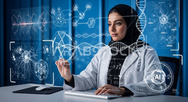 الاندماج ومحاكاة العالم الخيالي, طبيبة عربية خليجية سعودية ترتدي المعطف وتعمل على شاشة بيانات طبية, التحليل والبحث الطبي, تطور وتقدم القطاع الصحي بالتكنولوجيا الجديدة، معامل ومختبرات طبيه حديثه، واجهة بيانات الحمض النووي