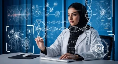 الاندماج ومحاكاة العالم الخيالي, طبيبة عربية خليجية سعودية ترتدي المعطف وتعمل على شاشة بيانات طبية, التحليل والبحث الطبي, تطور وتقدم القطاع الصحي بالتكنولوجيا الجديدة، معامل ومختبرات طبيه حديثه، واجهة بيانات الحمض النووي