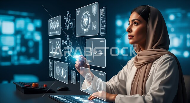 الاندماج ومحاكاة العالم الخيالي, طبيبة عربية خليجية سعودية ترتدي المعطف وتعمل على شاشة بيانات طبية, التحليل والبحث الطبي, تطور وتقدم القطاع الصحي بالتكنولوجيا الجديدة، معامل ومختبرات طبيه حديثه، واجهة بيانات الحمض النووي