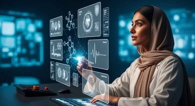 الاندماج ومحاكاة العالم الخيالي, طبيبة عربية خليجية سعودية ترتدي المعطف وتعمل على شاشة بيانات طبية, التحليل والبحث الطبي, تطور وتقدم القطاع الصحي بالتكنولوجيا الجديدة، معامل ومختبرات طبيه حديثه، واجهة بيانات الحمض النووي