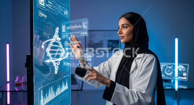 الاندماج ومحاكاة العالم الخيالي, طبيبة عربية خليجية سعودية ترتدي المعطف وتعمل على شاشة بيانات طبية, التحليل والبحث الطبي, تطور وتقدم القطاع الصحي بالتكنولوجيا الجديدة، معامل ومختبرات طبيه حديثه، واجهة بيانات الحمض النووي