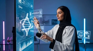 الاندماج ومحاكاة العالم الخيالي, طبيبة عربية خليجية سعودية ترتدي المعطف وتعمل على شاشة بيانات طبية, التحليل والبحث الطبي, تطور وتقدم القطاع الصحي بالتكنولوجيا الجديدة، معامل ومختبرات طبيه حديثه، واجهة بيانات الحمض النووي