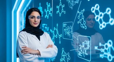  طبيبة عربية خليجية سعودية ترتدي المعطف ونظارة الواقع الافتراضي وتقف أمام شاشة بيانات طبية هولوجرامية مضيئة, التحليل والبحث الطبي, تطور وتقدم القطاع الصحي بالتكنولوجيا الجديدة، معامل ومختبرات طبيه حديثه