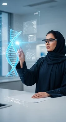  امرأة عربية خليجية سعودية ترتدي المعطف ونظارة الواقع الافتراضي تعمل على تحليل الحمض النووي عبر شاشة هولوجرامية مضيئة, التحليل والبحث الطبي, تطور وتقدم القطاع الصحي بالتكنولوجيا الجديدة، معامل ومختبرات طبيه حديثه