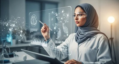  امرأة عربية خليجية سعودية ترتدي المعطف ونظارة الواقع الافتراضي تعمل على شاشة هولوجرامية مضيئة, التحليل والبحث الطبي, تطور وتقدم القطاع الصحي بالتكنولوجيا الجديدة، معامل ومختبرات طبيه حديثه