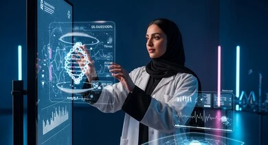  امرأة عربية خليجية سعودية محجبة ترتدي المعطف الطبي تعمل على شاشة هولوجرامية مضيئة, التحليل والبحث الطبي, تطور وتقدم القطاع الصحي بالتكنولوجيا الجديدة، معامل ومختبرات طبيه حديثه، نموذج ثلاثي الابعاد للحمض النووي