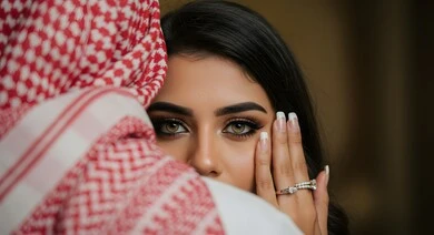 A Saudi Arabian Gulf woman in her husband's arms, extending her hand and wearing engagement and wedding rings, expressions of romance and love, the concept of love and affection between spouses, beautification, elegance and caring for the husband