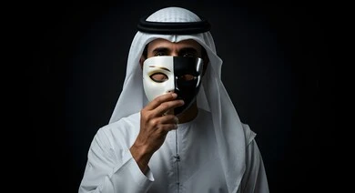 An Arab Gulf Emirati man wearing a white kandura and ghutra, wearing a black and white mask on his face, expressions and gestures of mystery and concealment, covering his face with a mask