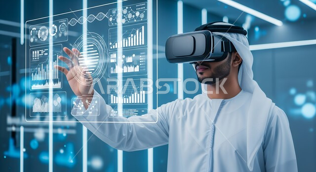 Improving work efficiency, an Emirati Gulf Arab man wearing a ghutra, kandura, and virtual reality glasses touches virtual cost and quality icons via a 3D illuminated holographic screen, using modern electronic technologies, technological growth in artificial intelligence.