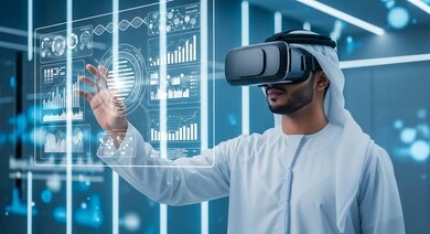 تحسين كفاءة العمل، رجل عربي خليجي اماراتي يرتدي الغترة والكندورة ونظارة الواقع الافتراضي يقوم بلمس ايقونات التكلفة والجودة الافتراضية عبر شاشة هولوجرامية مضيئة ثلاثية الأبعاد، استخدام التقنيات الالكترونية الحديثة، النمو التكنولوجي في الذكاء الاصطناعي