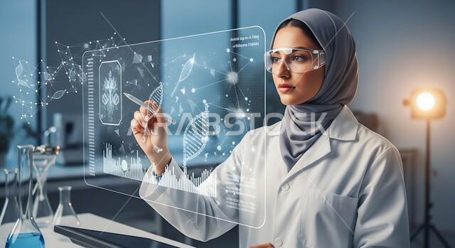 الاندماج ومحاكاة العالم الخيالي, امرأه عربيه سعوديه خليجيه محجبة ترتدي نظارة الواقع الافتراضي وتتفاعل مع العناص والسلاسل الوراثية عبر شاشة هولوجرامية مضيئة, التحليل والبحث الطبي, تطور وتقدم القطاع الصحي بالتكنولوجيا الجديدة، معامل ومختبرات طبيه حديثه