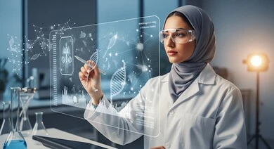 الاندماج ومحاكاة العالم الخيالي, امرأه عربيه سعوديه خليجيه محجبة ترتدي نظارة الواقع الافتراضي وتتفاعل مع العناص والسلاسل الوراثية عبر شاشة هولوجرامية مضيئة, التحليل والبحث الطبي, تطور وتقدم القطاع الصحي بالتكنولوجيا الجديدة، معامل ومختبرات طبيه حديثه