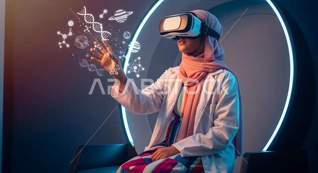 الاندماج ومحاكاة العالم الخيالي, امرأه عربيه سعوديه خليجيه محجبة ترتدي نظارة الواقع الافتراضي وتتفاعل مع العناص والسلاسل الوراثية عبر شاشة هولوجرامية مضيئة, التحليل والبحث الطبي, تطور وتقدم القطاع الصحي بالتكنولوجيا الجديدة، معامل ومختبرات طبيه حديثه