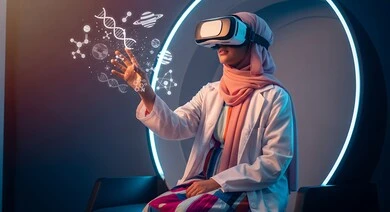 Fusion and simulation of the imaginary world, a veiled Saudi Arabian Gulf woman wearing virtual reality glasses and interacting with elements and genetic sequences via a luminous holographic screen, medical analysis and research, development and progress of the health sector with new technology, modern medical laboratories and laboratories