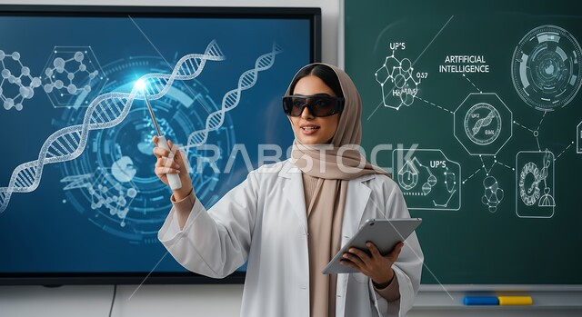 الاندماج ومحاكاة العالم الخيالي, امرأه عربيه سعوديه خليجيه محجبة ترتدي نظارة الواقع الافتراضي وتتفاعل مع العناص والسلاسل الوراثية عبر شاشة هولوجرامية مضيئة, التحليل والبحث الطبي, تطور وتقدم القطاع الصحي بالتكنولوجيا الجديدة، معامل ومختبرات طبيه حديثه
