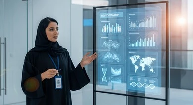 تحسين كفاءة العمل، امراة عربية خليجية سعودية محجبة ترتدي العباءة تقوم بعرض بيانات مشروع عبر شاشة هولوجرامية مضيئة، ايقونات التكلفة والجودة الافتراضية، عناصر ورموز هولوجرامية ثلاثية الابعاد، النمو التكنولوجي في الذكاء الاصطناعي