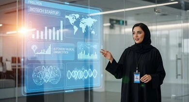 Veiled Saudi Arabian Gulf woman wearing abaya presenting project data on illuminated holographic screen, virtual cost and quality icons, 3D holographic elements and symbols, technological growth in artificial intelligence, biotechnology startup data presentation