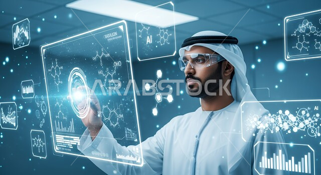 الاندماج ومحاكاة العالم الخيالي, رجل عربي خليجي اماراتي يرتدي نظارة الواقع المعزز ويتفاعل مع العناصر والسلاسل الوراثية عبر شاشة هولوجرامية مضيئة, التحليل والبحث الطبي, تقدم القطاع الصحي بالتكنولوجيا الجديدة، معامل ومختبرات طبيه حديثه، واجهة بيانات الحمض النووي