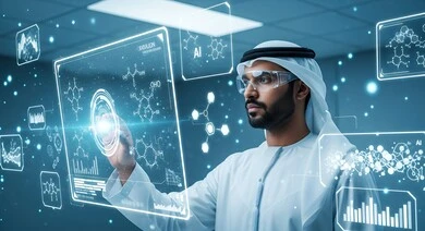 الاندماج ومحاكاة العالم الخيالي, رجل عربي خليجي اماراتي يرتدي نظارة الواقع المعزز ويتفاعل مع العناصر والسلاسل الوراثية عبر شاشة هولوجرامية مضيئة, التحليل والبحث الطبي, تقدم القطاع الصحي بالتكنولوجيا الجديدة، معامل ومختبرات طبيه حديثه، واجهة بيانات الحمض النووي