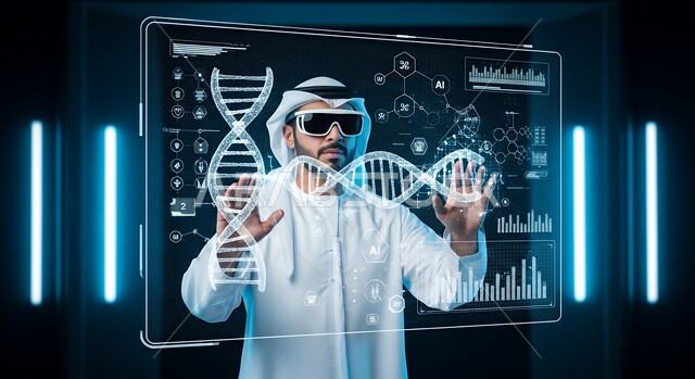 Fusion and simulation of the imaginary world, an Arab Gulf Emirati man wearing augmented reality glasses and interacting with genetic elements and sequences via a luminous holographic screen, medical analysis and research, advancement of the health sector with new technology, modern medical laboratories, DNA data interface
