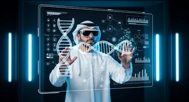 الاندماج ومحاكاة العالم الخيالي, رجل عربي خليجي اماراتي يرتدي نظارة الواقع المعزز ويتفاعل مع العناصر والسلاسل الوراثية عبر شاشة هولوجرامية مضيئة, التحليل والبحث الطبي, تقدم القطاع الصحي بالتكنولوجيا الجديدة، معامل ومختبرات طبيه حديثه، واجهة بيانات الحمض النووي