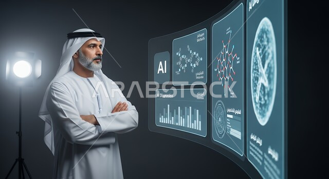 رجل أعمال عربي خليجي اماراتي يقف بأيدي متقاطعة امام شاشة هولوجرامية مضيئة, تحسين كفاءة العمل، استخدام التقنيات الالكترونية الحديثة، النمو التكنولوجي والتقدم التقني، عرض تقنيات الذكاء الاصطناعي الحيوي المتطورة