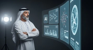 رجل أعمال عربي خليجي اماراتي يقف بأيدي متقاطعة امام شاشة هولوجرامية مضيئة, تحسين كفاءة العمل، استخدام التقنيات الالكترونية الحديثة، النمو التكنولوجي والتقدم التقني، عرض تقنيات الذكاء الاصطناعي الحيوي المتطورة
