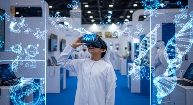 Using modern electronic technologies, displaying advanced bio-artificial intelligence techniques, gestures of enjoyment and exploration, interaction with illuminated holographic elements, an Emirati Gulf Arab boy wearing a kandura, ghutra, and virtual reality glasses standing in front of 3D effects.