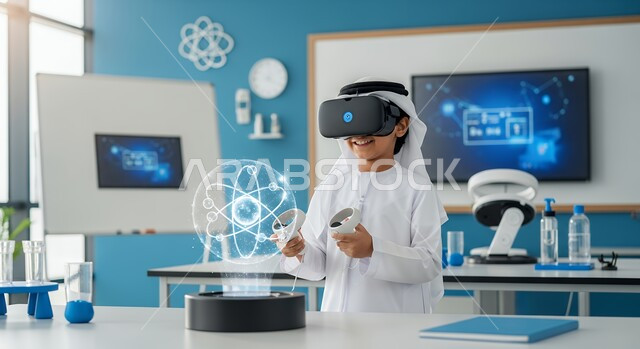 The development of educational technology and innovation, gestures of enjoyment and exploration, an Emirati Gulf Arab boy wearing a kandura, ghutra, and virtual reality glasses standing in front of a 3D holographic illuminated spherical model, a modern interactive educational experience in a modern science laboratory.