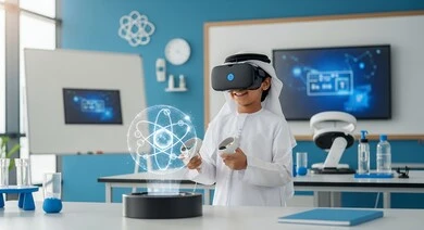 The development of educational technology and innovation, gestures of enjoyment and exploration, an Emirati Gulf Arab boy wearing a kandura, ghutra, and virtual reality glasses standing in front of a 3D holographic illuminated spherical model, a modern interactive educational experience in a modern science laboratory.