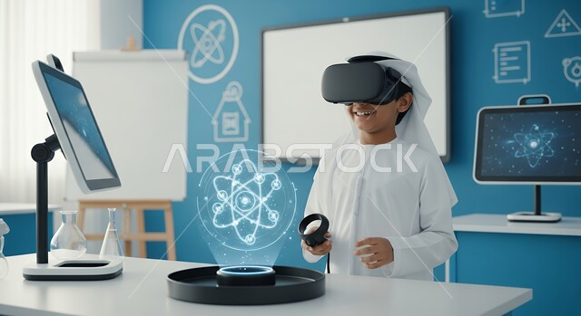 The development of educational technology and innovation, gestures of enjoyment and exploration, an Emirati Gulf Arab boy wearing a kandura, ghutra, and virtual reality glasses standing in front of a 3D holographic illuminated spherical model, a modern interactive educational experience in a modern science laboratory.