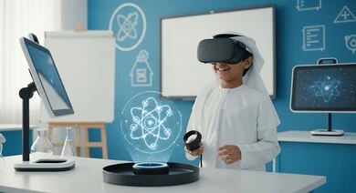 The development of educational technology and innovation, gestures of enjoyment and exploration, an Emirati Gulf Arab boy wearing a kandura, ghutra, and virtual reality glasses standing in front of a 3D holographic illuminated spherical model, a modern interactive educational experience in a modern science laboratory.