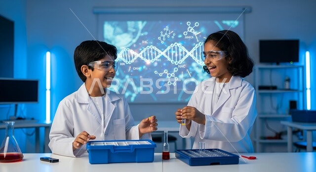 The development of educational technology and innovation, gestures of enjoyment and exploration, a Saudi Arabian boy and girl wearing virtual reality glasses conducting scientific experiments in a modern laboratory with gestures of pleasure, a 3D illuminated holographic screen