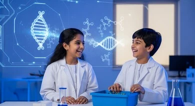  تطور تقنية التعليم والابتكار، إيماءات الاستمتاع والاستكشاف، ولد وبنت عربيان خليجيان سعوديان  يقومان بإجراء تجارب علمية في مختبر حديث بإيماءات السرور، شاشة هولوجرامية مضيئة ثلاثية الأبعاد