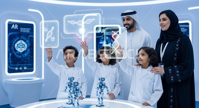  تطور تقنية التعليم والابتكار، إيماءات الاستمتاع والاستكشاف، عائلة عربية خليجية اماراتية  يقفون امام شاشة هولوجرامية مضيئة في مركز تعليمي تفاعلي، استخدام تكنولوجيا الواقع الافتراضي في مجال العلوم والأبحاث.