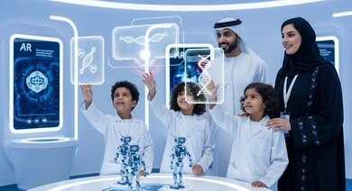  تطور تقنية التعليم والابتكار، إيماءات الاستمتاع والاستكشاف، عائلة عربية خليجية اماراتية  يقفون امام شاشة هولوجرامية مضيئة في مركز تعليمي تفاعلي، استخدام تكنولوجيا الواقع الافتراضي في مجال العلوم والأبحاث.