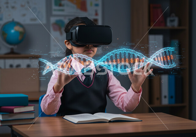 مدارس وأكاديميات متطوره، جمع التعلم مع الترفيه بإستخدام التقنيه والتكنولوجيا الحديثة، تلميذة عربية خليجية  سعودية ترتدي اليونيفورم ونظارات الواقع الافتراضي تتفاعل مع العناصر الهولوجرامية ثلاثية الابعاد بإيماءات الاستمتاع، تجربة تعليمية تفاعلية حديثة