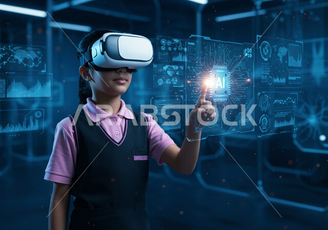 Advanced schools and academies, combining learning with entertainment using modern technology and technology, a Saudi Arabian Gulf student wearing a uniform and virtual reality glasses interacts with 3D holographic elements with gestures of enjoyment, a modern interactive educational experience