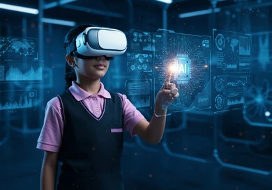 Advanced schools and academies, combining learning with entertainment using modern technology and technology, a Saudi Arabian Gulf student wearing a uniform and virtual reality glasses interacts with 3D holographic elements with gestures of enjoyment, a modern interactive educational experience