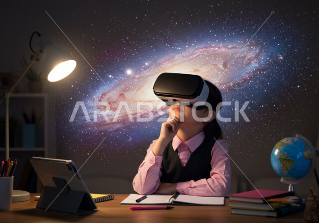 مدارس وأكاديميات متطوره، جمع التعلم مع الترفيه بإستخدام التقنيه والتكنولوجيا الحديثة، تلميذة عربية خليجية  سعودية ترتدي اليونيفورم ونظارات الواقع الافتراضي تتأمل العناصر الهولوجرامية ثلاثية الابعاد بإيماءات الاستمتاع، تجربة تعليمية تفاعلية حديثة