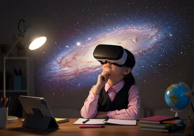 Advanced schools and academies, combining learning with entertainment using modern technology and technology, a Saudi Arabian Gulf student wearing a uniform and virtual reality glasses contemplating three-dimensional holographic elements with gestures of enjoyment, a modern interactive educational experience