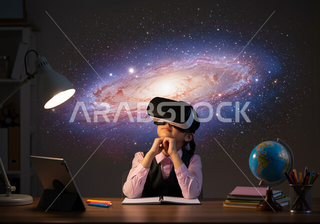 مدارس وأكاديميات متطوره، جمع التعلم مع الترفيه بإستخدام التقنيه والتكنولوجيا الحديثة، تلميذة عربية خليجية  سعودية ترتدي اليونيفورم ونظارات الواقع الافتراضي تتأمل العناصر الهولوجرامية ثلاثية الابعاد بإيماءات الاستمتاع، تجربة تعليمية تفاعلية حديثة