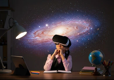 مدارس وأكاديميات متطوره، جمع التعلم مع الترفيه بإستخدام التقنيه والتكنولوجيا الحديثة، تلميذة عربية خليجية  سعودية ترتدي اليونيفورم ونظارات الواقع الافتراضي تتأمل العناصر الهولوجرامية ثلاثية الابعاد بإيماءات الاستمتاع، تجربة تعليمية تفاعلية حديثة